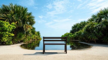 Obraz premium Relaxing serenity wooden bench by calm waters tropical landscape nature photography bright day peaceful atmosphere
