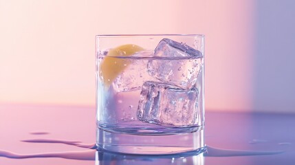 A close-up of a refreshing glass of clear, cool water with ice cubes and a slice of lemon, set against a clean, bright background.