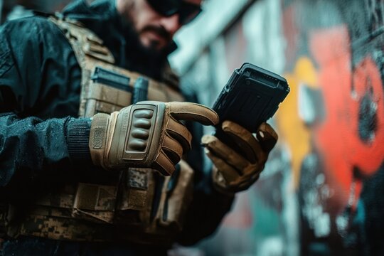 Soldier in Tactical Gear Using Smartphone in Gritty Urban Environment - Powered by Adobe