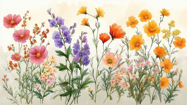 Watercolor Floral Bouquet Collection with Garden and Wildflowers Featuring Elegant Blooms, Leaves, and Stems for Decorating and Gifting