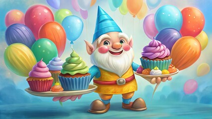 Fototapeta premium cheerful gnome holding a tray with multi-coloured cupcakes surrounded by pastel balloons