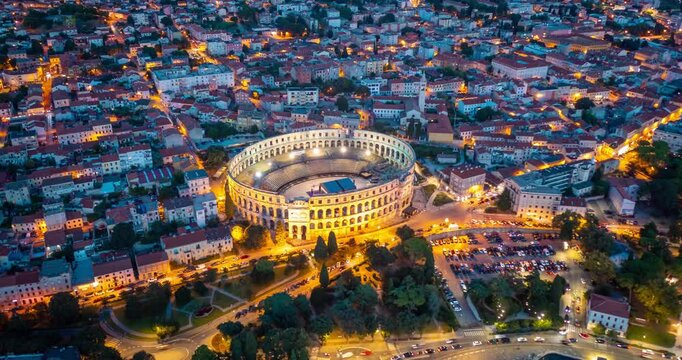 Pula amphitheater in the evening, Croatia. Hyperlapse