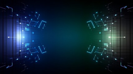 Fototapeta premium Abstract digital background. Glowing blue and green lines form a grid pattern over a dark background, suggesting futuristic technology, networks, or data streams. Cyberpunk aesthetic.