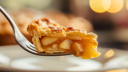 Mouthwatering close-up of homemade apple pie slice on fork with golden flaky crust and caramelized fruit filling, delicious gourmet dessert comfort food