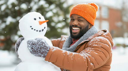 Joyful African American man in bright orange beanie and winter coat building snowman, authentic winter happiness captured in snowy outdoor scene