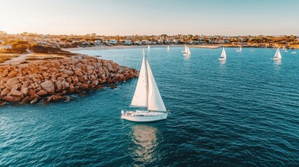 Obraz premium Sailing adventure on clear waters coastal town aerial photography serene environment scenic viewpoint leisure and travel concept