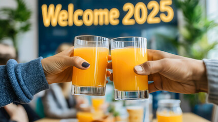 Welcome 2025 celebration with hands toasting orange juice in glasses, festive New Year healthy drink concept showing colorful beverages and celebration