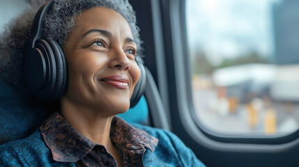 Smiling mature woman with headphones looking out window during journey, peaceful audio entertainment moment capturing joy and contemplation while traveling
