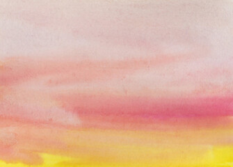 Creative horizontal abstract textured background. Handmade drawing made in watercolor technique on paper. Pink and yellow spots. Delicate pastel tones.