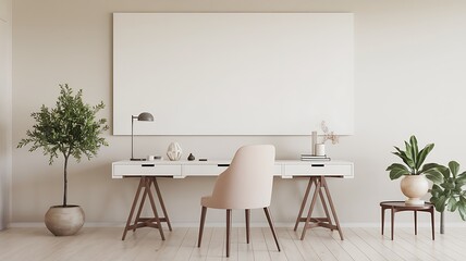 Minimalist Home Office Design Desk, Chair, Plants, and Artwork