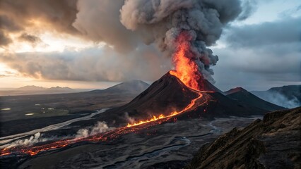 A volcano erupting, sending lava and smoke high into the sky