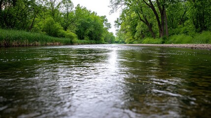 Calm river flowing through lush green forest landscape photography tranquil nature scene close-up perspective natural beauty