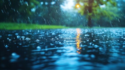 Rainy park path, evening downpour, blurred background, nature scene