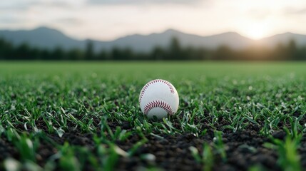 Baseball on grassy field at sunset