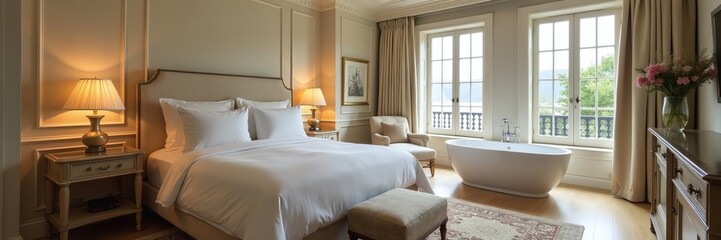 Luxury bedroom interior with bed and bathtub, hotel suite. Comfort.