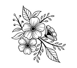 Create a highly detailed black-and-white line art illustration of a floral arrangement. The design should feature three large flowers with symmetrical petals, intricate circular centers.