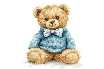 Craft charming watercolor teddy bear wearing blue sweater and bow tie, evoking warmth and nostalgia