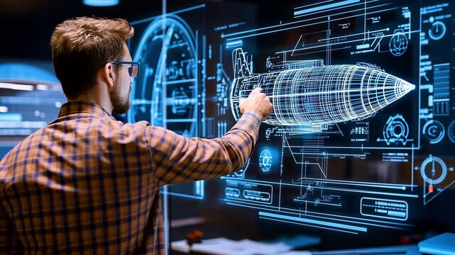 An engineer expertly manipulates a 3D holographic missile model in a cutting edge tech setting, highlighting innovation in spacecraft manufacturing