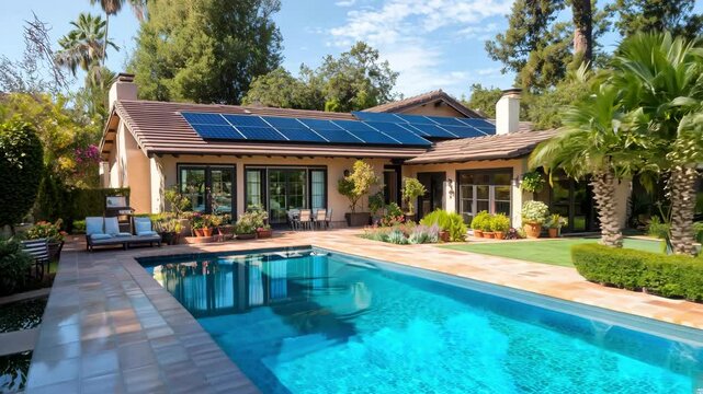 A modern residence house with solar panels installed on the roof and a swimming pool at beautifully designed backyard