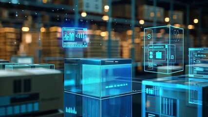 Glowing blue digital interface displaying package information and data analysis hovering over cardboard boxes in a modern warehouse, enhancing inventory control and logistics - Powered by Adobe