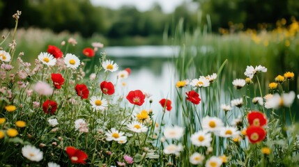 Fototapeta premium Vibrant wildflower bloom by tranquil riverbank nature scene outdoor environment serene viewpoint embracing natural beauty for photography enthusiasts