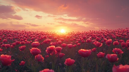 Serene Sunset over a Poppy Field: A breathtaking view of countless poppies bathed in the warm glow of the setting sun, creating a picturesque and peaceful scene.