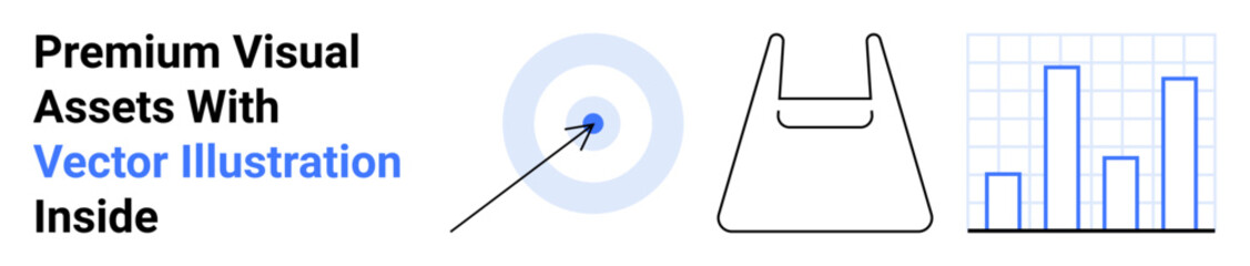 Target with arrow, shopping bag icon, bar chart on grid. Ideal for marketing, business analytics, e-commerce, sales success, planning, data visualization flat landing page banner