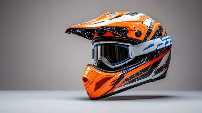 adventure motorcycle helmet with mx goggles in a grey studio background