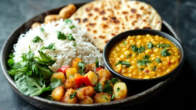 Indian vegetarian thali with dal (daal or lentils) , rice and vegetables like aloo (potatoes) and lettuce served in a plate. Plate with food rotates with hot steam coming from freshly cooked food