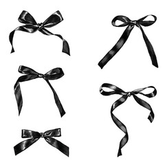 Set of black silk bows and ribbons hand drawn in gouache and watercolor style. Design for congratulation, greetings, cards, girls, wrapping, packing, wedding invitation, social media