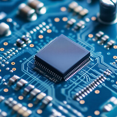 Close-up view of a semiconductor chip mounted on a circuit board. Image for use in professional slideshows, presentations, marketing materials, etc. Created with Generative AI technology
