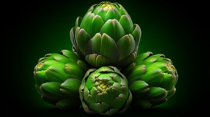 Obraz premium Four green artichokes are stacked in a pyramid shape against a dark green background. The artichokes are fresh and vibrant.