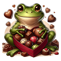 An adorable frog sitting in a heart-shaped box of assorted chocolates, surrounded by whimsical hearts, radiating charm and sweetness.
