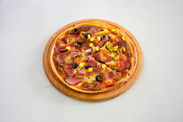 Traditional Turkish cuisine. Pizza, pita, pidesi, sucuk, hummus, kebab. Many dishes on the table. Serving dishes in restaurant. Mix, formaggi, veggie pizza. Top view, flat lay