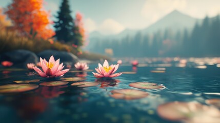 Serene water lily blossoms floating on calm lake amidst autumn colors nature photography peaceful landscape view tranquil environment