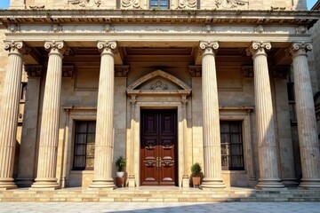 Naklejka premium Majestic Roman columns supporting a grand building facade, columns, ruins, roman columns