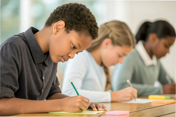 Fototapeta premium Student Engagement, Student Life, Children engaged in focused writing activities at a table, showcasing concentration and learning in a bright, inviting environment.