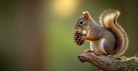 Fototapeta premium Squirrel holding pinecone against green background