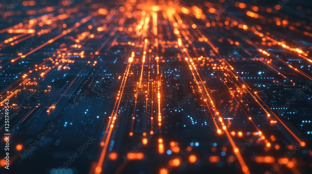 Poster a close-up shot of a glowing microchip with digital lines extending outward, symbolizing the core of