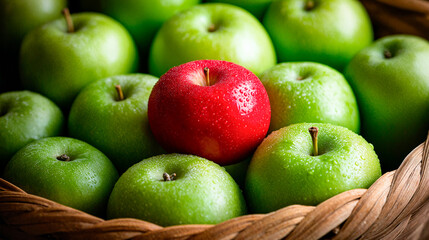 Apple in basket in green red colors representing freshness.
