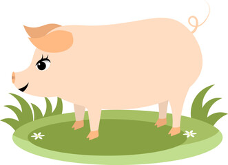 Farm Animals. Cute farm. A pink pig stands on green grass. Collection of farm animals. Baby flat vector illustration. Isolated