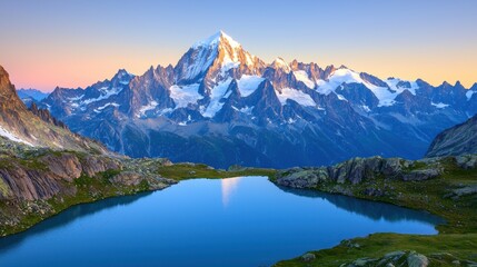 Majestic sunrise over mountain lake swiss alps nature photography serene environment wide-angle view tranquility and beauty of nature