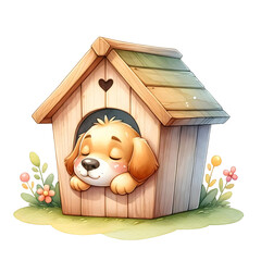 Sleeping Dog Relaxing in Cozy Doghouse