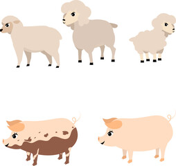 Farm Animals. Cute farm. Set of sheep and pig. Collection of farm animals. Baby flat vector illustration. Isolated