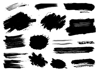 Collection of vector paint brush stroke, ink splatter, grunge line and artistic design elements. Dirty overlay, watercolor splash, black silhouette and torn paper set. Social media business banner art