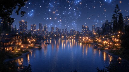 Obraz premium Night city skyline, lake reflection, starry sky, houses, tranquil