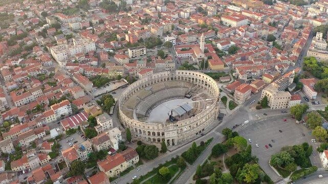 Aerial view of the historic Roman amphitheater of Pula, Istria peninsula.