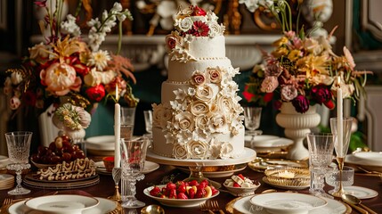 Naklejka premium wedding decorative cake on the table, delicious wedding cake