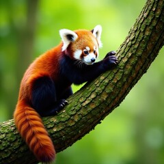 Obraz premium Red panda gracefully traverses a mossy tree trunk , bamboo forest, ginger, arboreal