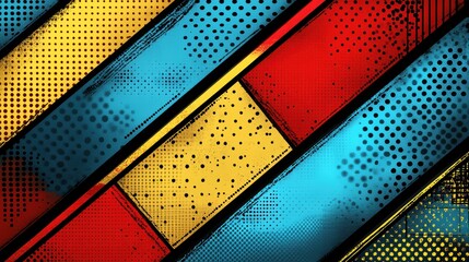 Colorful abstract design with geometric shapes and halftone patterns.